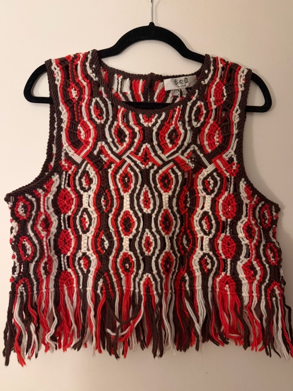 Sea NY Macrame knit crew neck with fringe L with tags